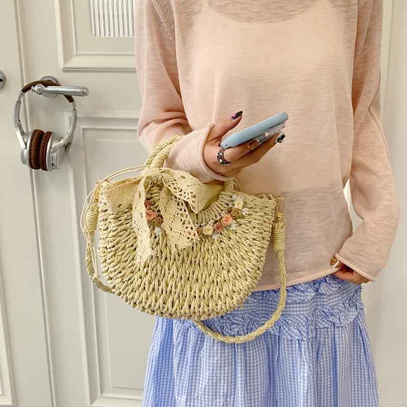 Fresh and Light Floral Woven Bag, Beach Vacation Bag, Beachside Single Shoulder Bag, Handbag, Grocery Basket Bag Casually
