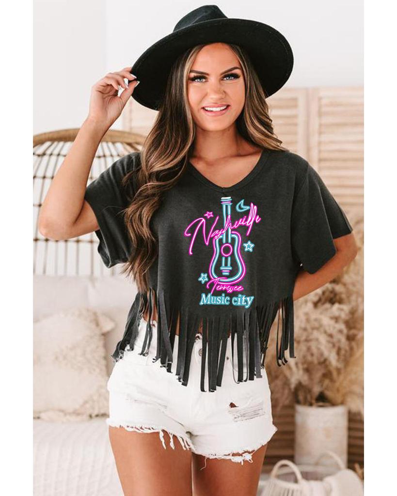 Azura Exchange Guitar Slogan Print Fringed V Neck Graphic Tee