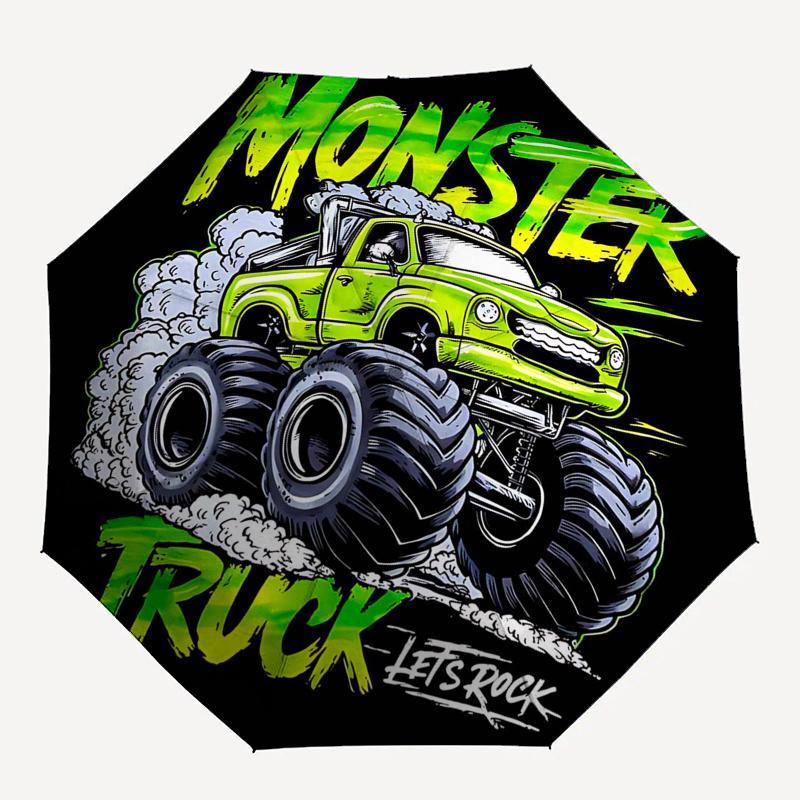 Monster Truck Themen-Reiseregenschirm mit 8 Speichen, Automatisches Öffnen und Schließen, Tragbares faltbares Design, Kompakter und stilvoller Schirm geeignet für