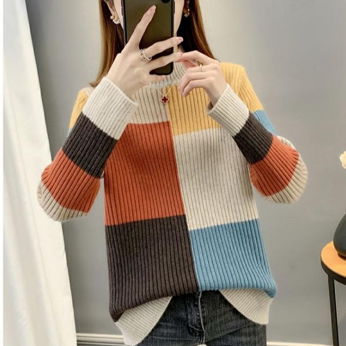 Fall Winter Women's Crew Neck Sweater Loose Contrast Knit Sweater Long Sleeve Pullover Knit Jumper Top