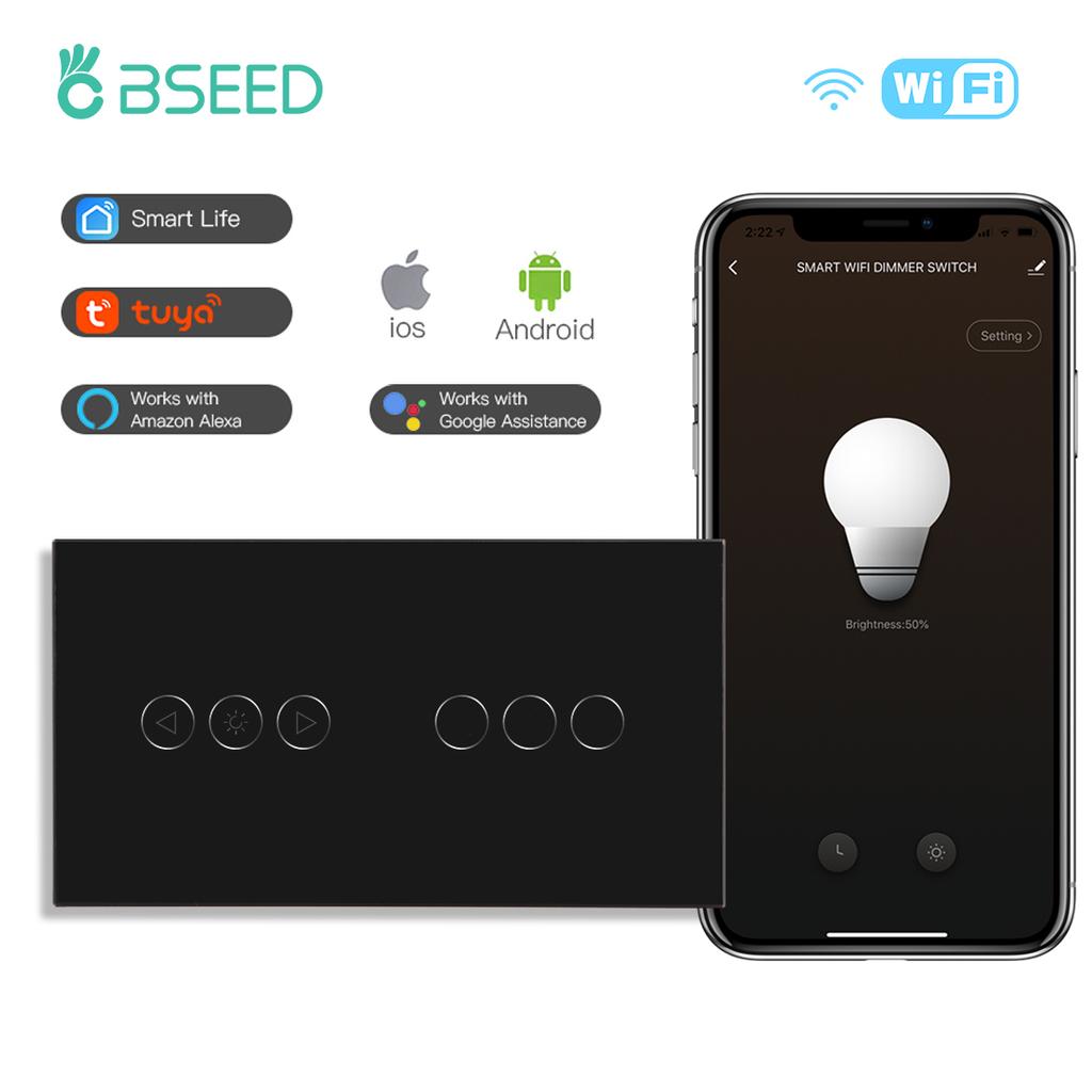 BSEED Wifi Smart Dimmer Switches Tuya Smart Life Goolgle Home Control Plus Normal Type-c USB EU Socket Glass Panel Black