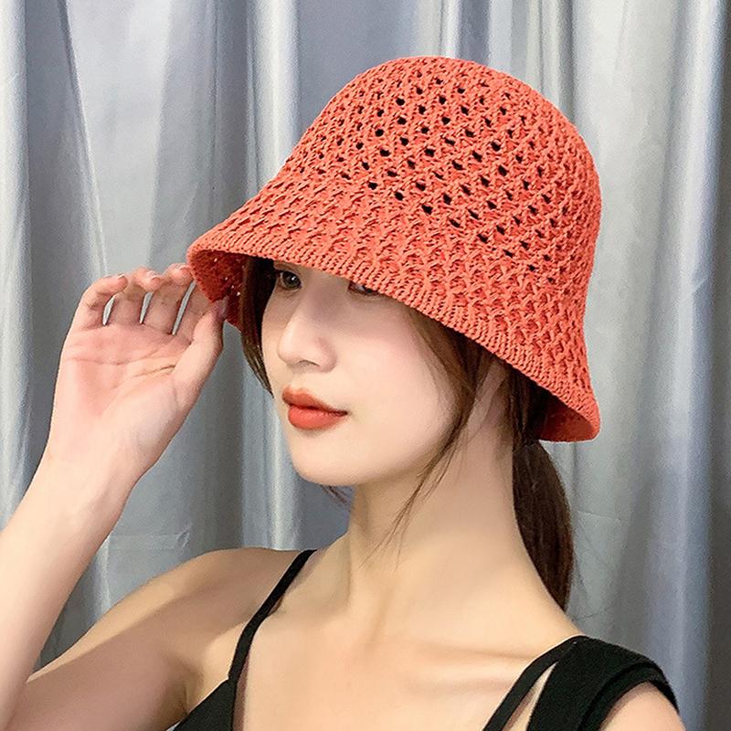 Handmade Crochet Floppy Top Summer Hats Collapsible Dome Bucket Hat Hollow Out Solid Color Beach Caps Simplicity Soft Women Hat