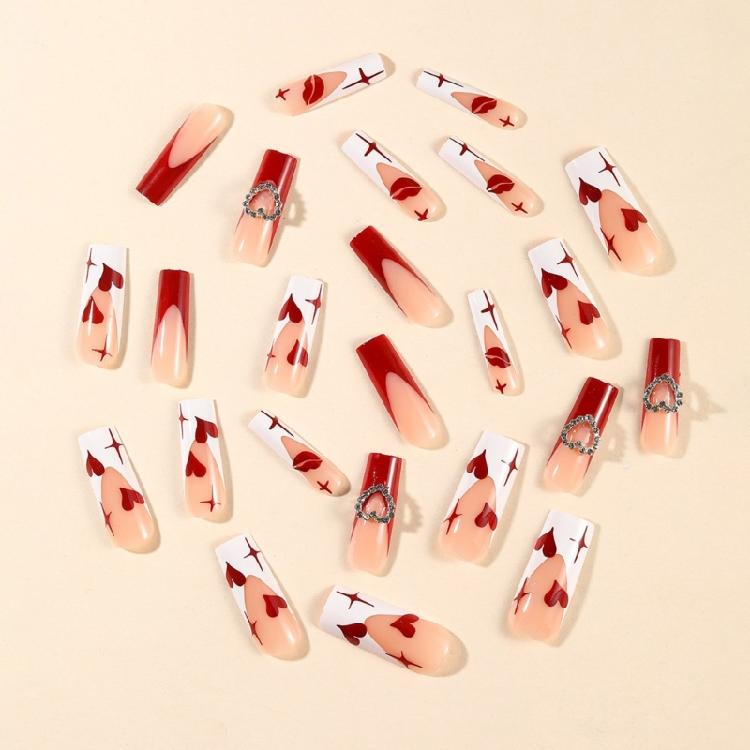 24pcs Long Coffin False Nail Square Shape with 3D Charms Artificial Nail Full Cover Press On Nail for Women and Girls