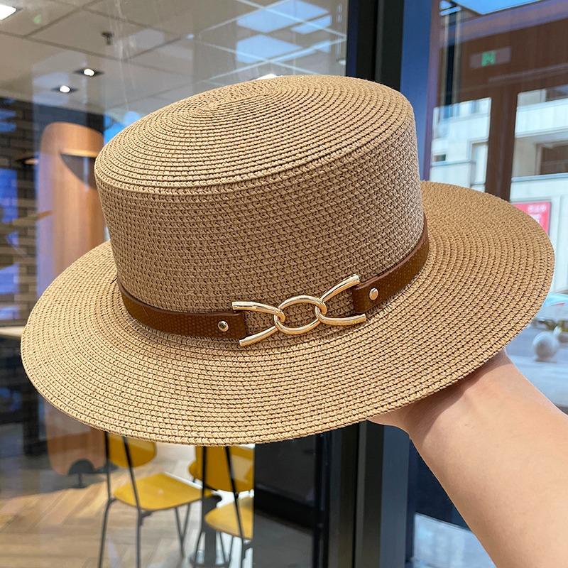 Elegant Belt Buckle Flat Top Sun Hat Children's Summer Travel Versatile Straw Hat Holiday British Sunscreen Top Hat