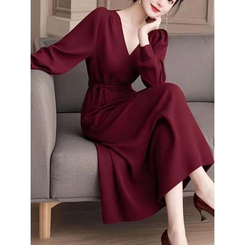 

Женский пуловер с длинным рукавом, темпераментный, однотонный, с V-образным вырезом, элегантное платье с ремешками, модное, с акцентом на талии S кларет