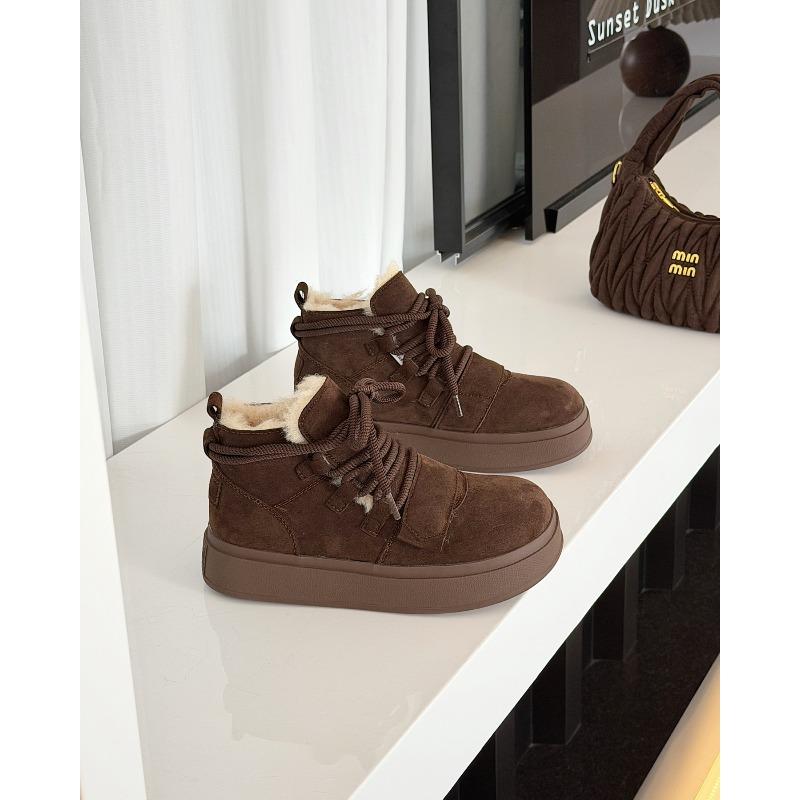 Leather Thick-soled Snow Boots Women's 2025 Winter New Velvet Thickened Thermal Lace-up Cotton Boots Heightening Casual Short Boots