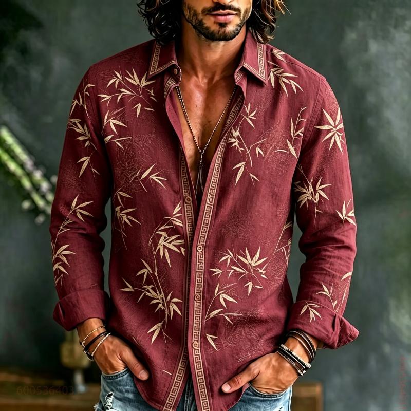 Men's Long Sleeved Shirt with Bamboo Leaf Pattern Full Printing, Daily Commuting, Travel, Vacation, Fashionable and Trendy Shirt
