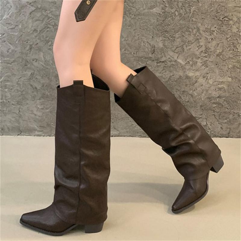 Eilyken Design Splicing Pleated Knee High Boots Women Autumn Winter Pointed Toe Square Low Heels Long Shoes Botas De Mujer