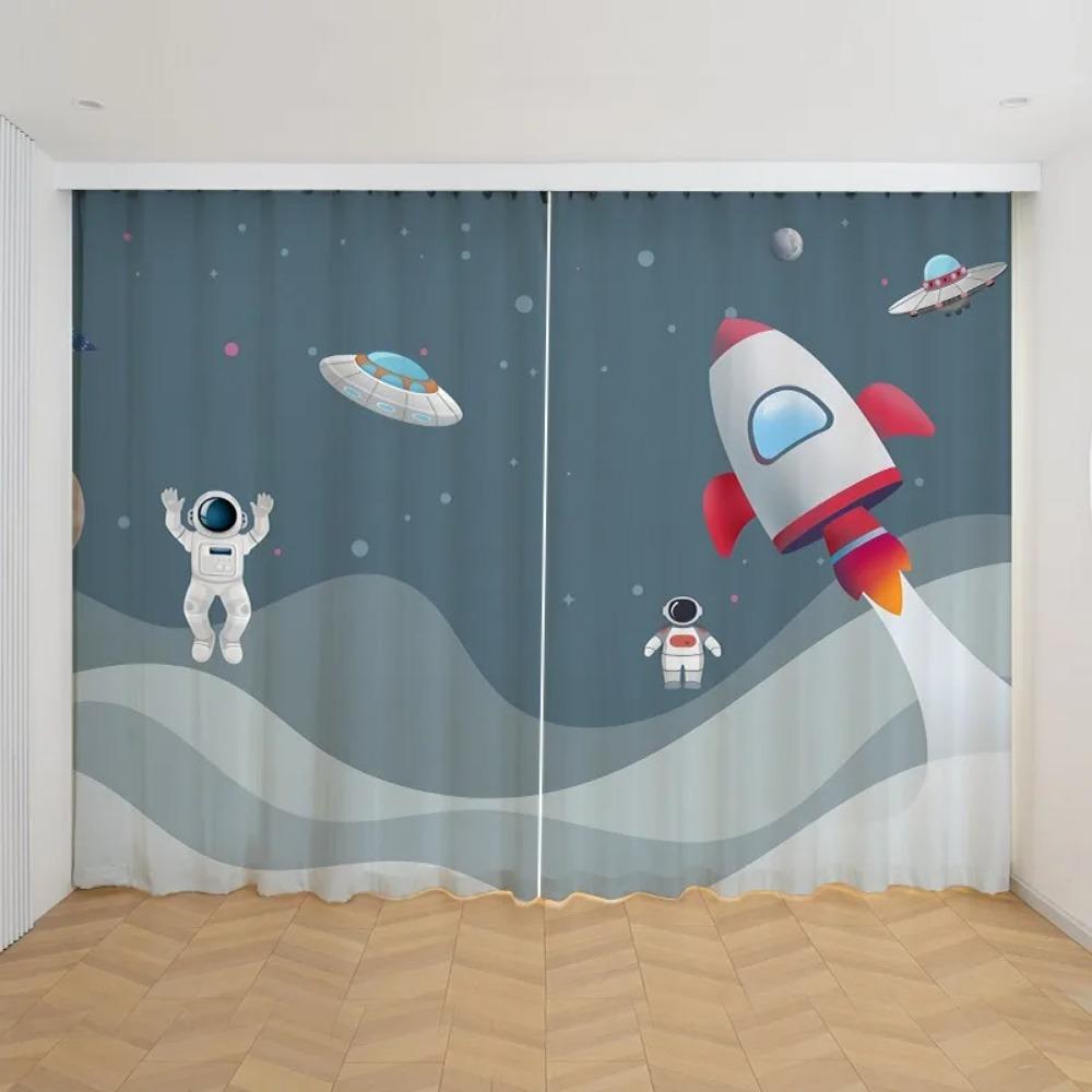 2pcs Cartoon Space Astronaut Curtain,Boys Kids Rocket Planet Thin Shading Curtain for Bedroom Living Room 2023 New Custom