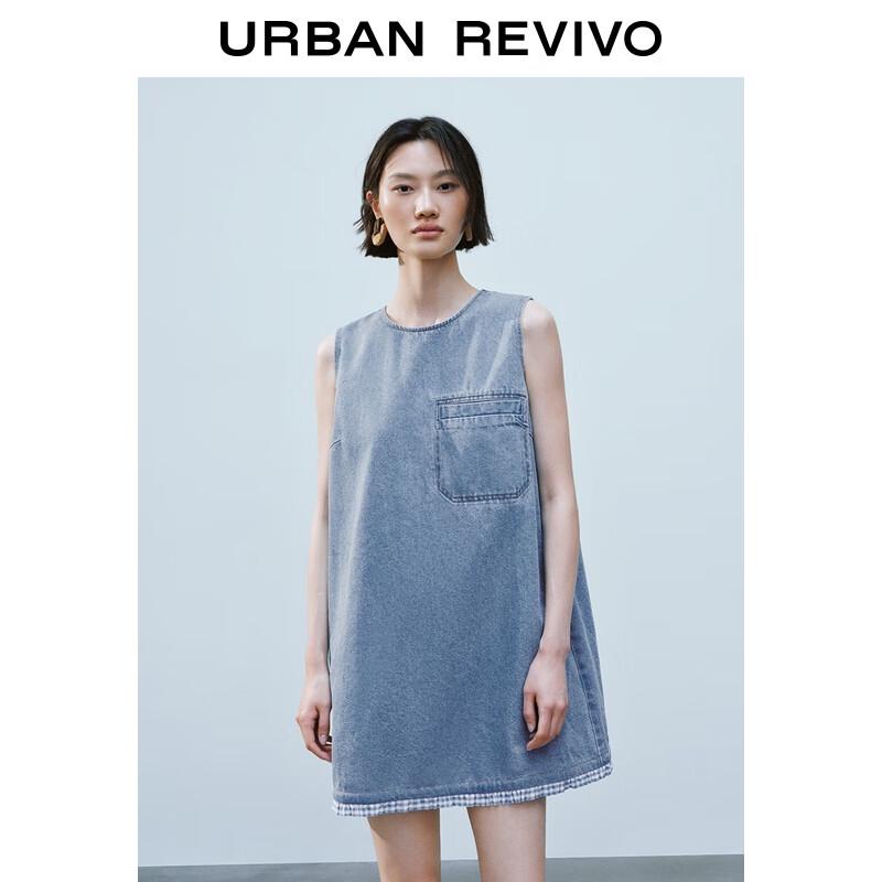 UR 2025 Summer Casual Patchwork Plaid Sleeveless Denim Dress XS