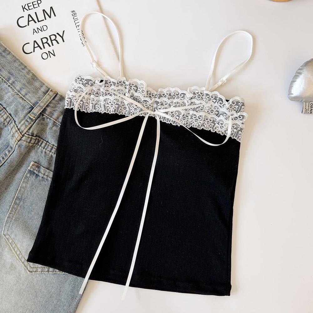 Bow Lace Spaghetti Strap Camisole Women Padded Backless Crop Tank Top