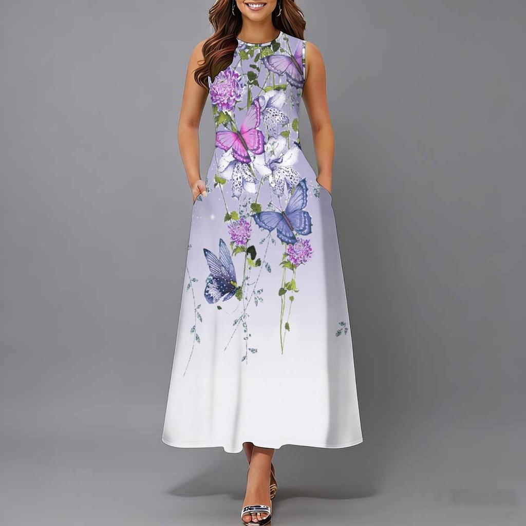 Oversized Female Sleeveless Crew Neck Dress Gentle Watercolor Flower Cluster Loose Midi Dress