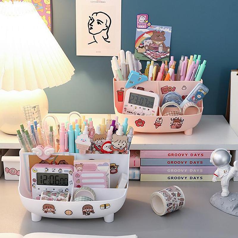 Porta-canetas de mesa kawaii, grande capacidade, caixa de armazenamento de papelaria fofa, porta-lápis de desenho animado criativo, organizador de mesa para meninas