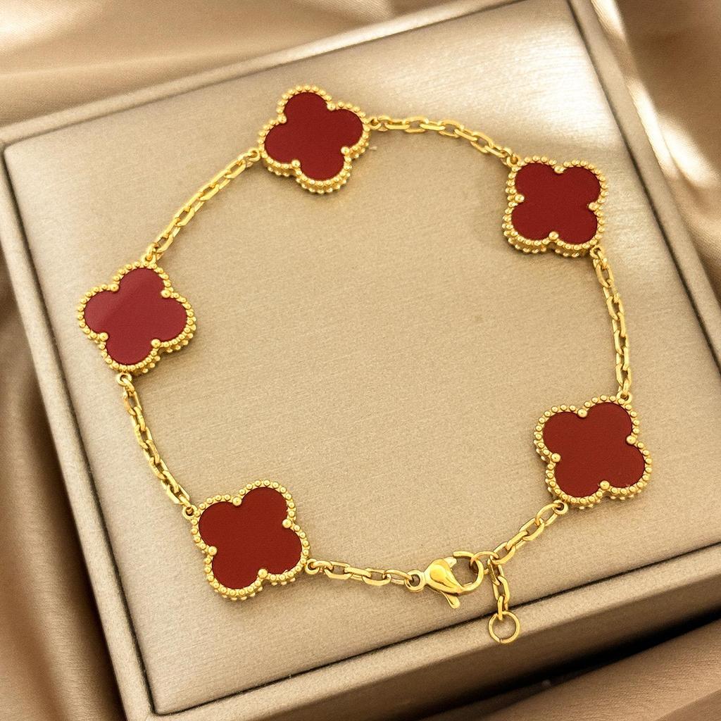 Bracciale Quadrifoglio in Acciaio al Titanio da 15 mm Bracciale Cinque Fiori di Alta Qualità Placcato Oro 18K Inossidabile Bracciale da Donna