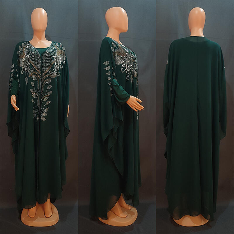 Abito Abaya in Chiffon da Donna Robusto con Strass Set 2 Pezzi Manica Lunga Sottoveste Taglia Unica Borgogna Nero Viola Verde Blu