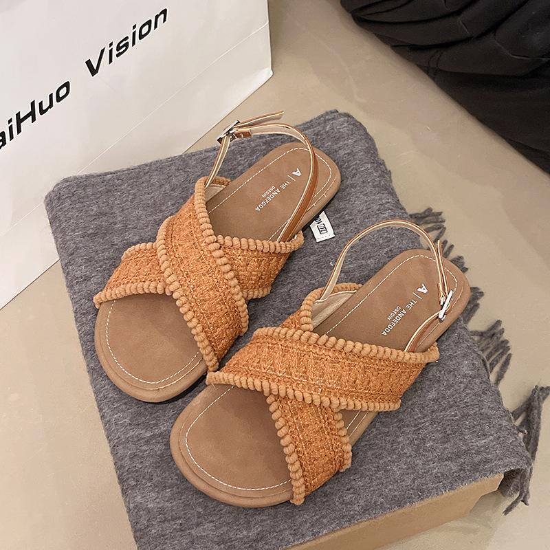 

2025 spring and autumn new fashion retro sandals women s summer flat-bottomed women s shoes seaside beach sandals 40 коричневый