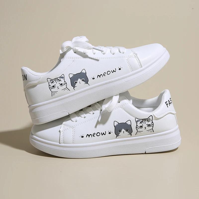 Women's White Vulcanized Shoes | Fashionable Breathable PU, Cute Cat Cartoon Shoelaces, Casual Footwear