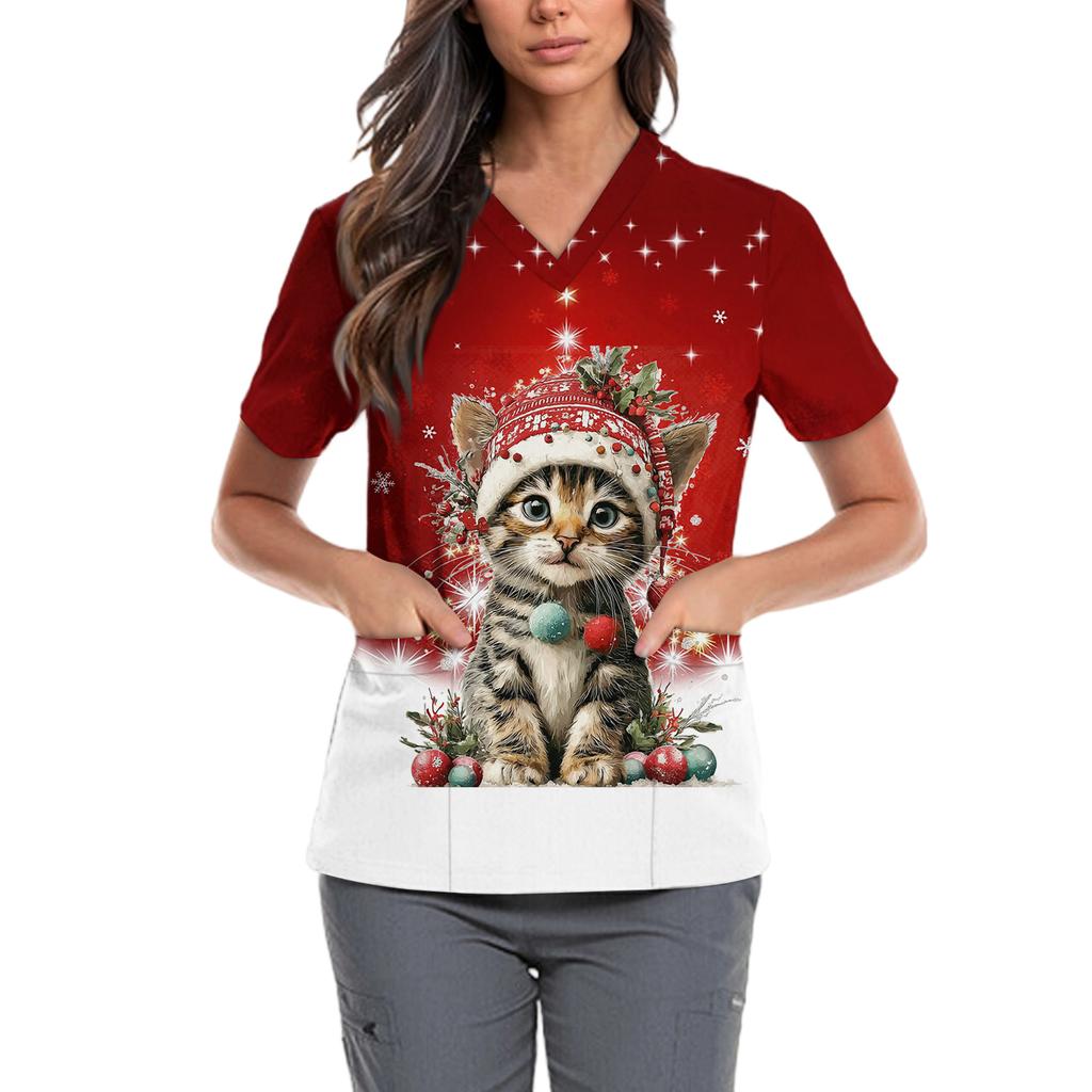 Women's Cute Bow Printed Work Clothes V-neck Double Layer Pockets Basic Short Sleeve Top Pullover