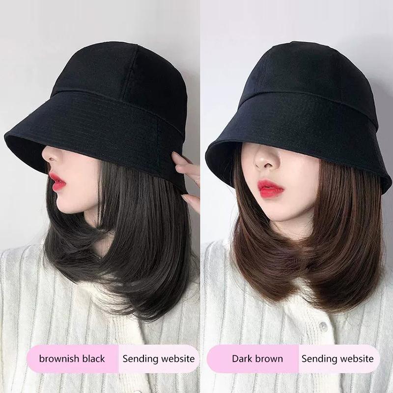 Bucket Hat Synthetic With Hair Cap  Short Straight Bob Fall Autumn Hat Wigs For Women Clip On Hair Extensions