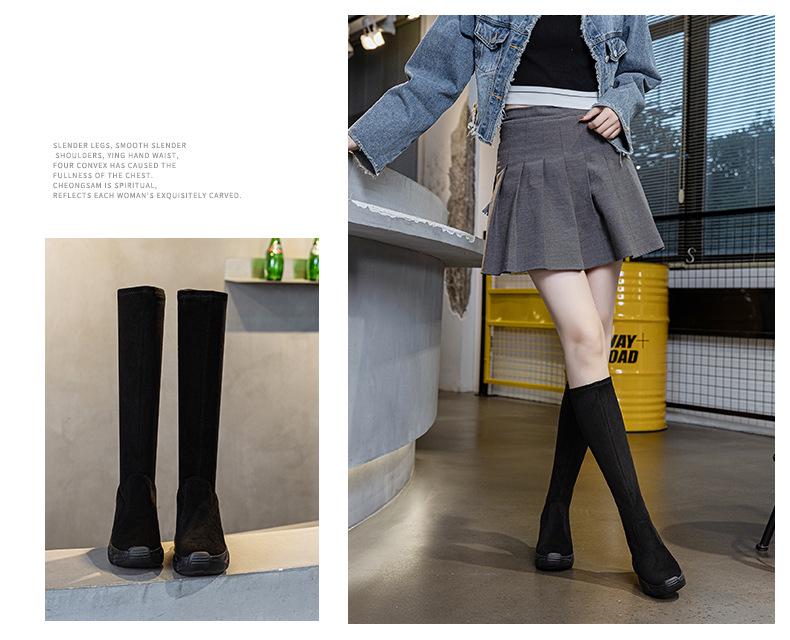 Women's Black Suede Knee-High Boots - 8CM Height Increase, Thick Sole, Plus Velvet, Elastic, 2025 Autumn/Winter Collection