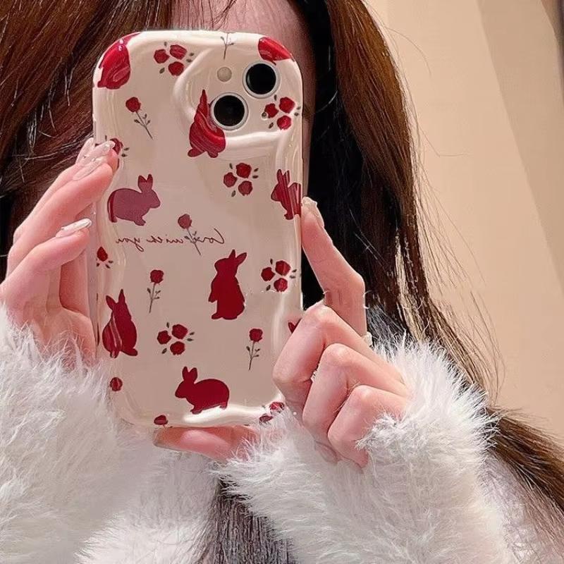 Red Flowers Rabbit Pattern Phone Case For iPhone 17 16 15 14 11 Pro Max Plus 13 12 Mini 16E 17 Air XS Max XR Bumper Clear Cover