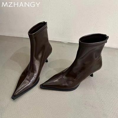 Mode Damen Leder Spitzschuh Stiefeletten Elegant Mittelhohe Absätze Schuhe Frau 2025 Trend Mode Winter Pumps Chelsea Boots Mujer Botas