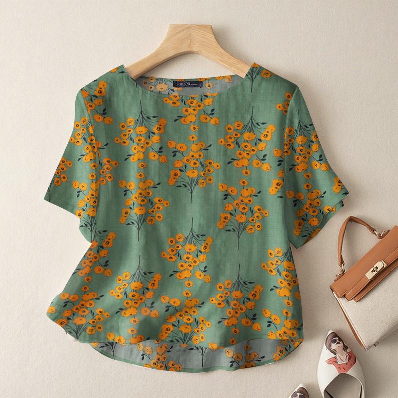 

ZANZEA Женская повседневная блузка с круглым вырезом, коротким рукавом и принтом XL зелёный