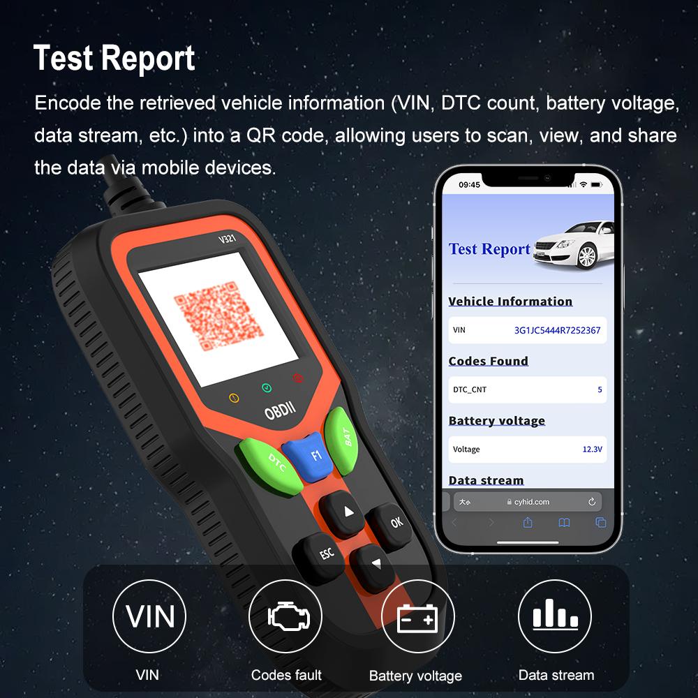 OBD2 Car Scanner Diagnostic Tool for Check Engine Light, Fault Code Reader & Reset, Real-Time Data, Voltage Test, EVAP & I/M Readiness