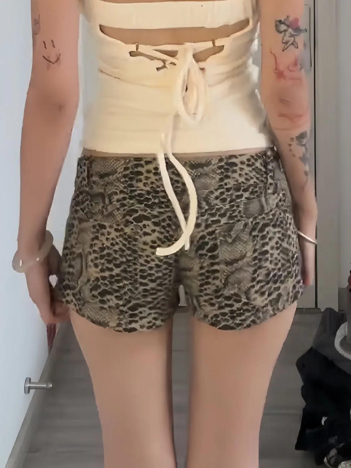 

Женские летние джинсовые шорты А-силуэта с леопардовым принтом и завязками XXL цветной печати леопарда