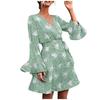 Women's Boho Print Lace-Up V-Neck Long Sleeve Dress