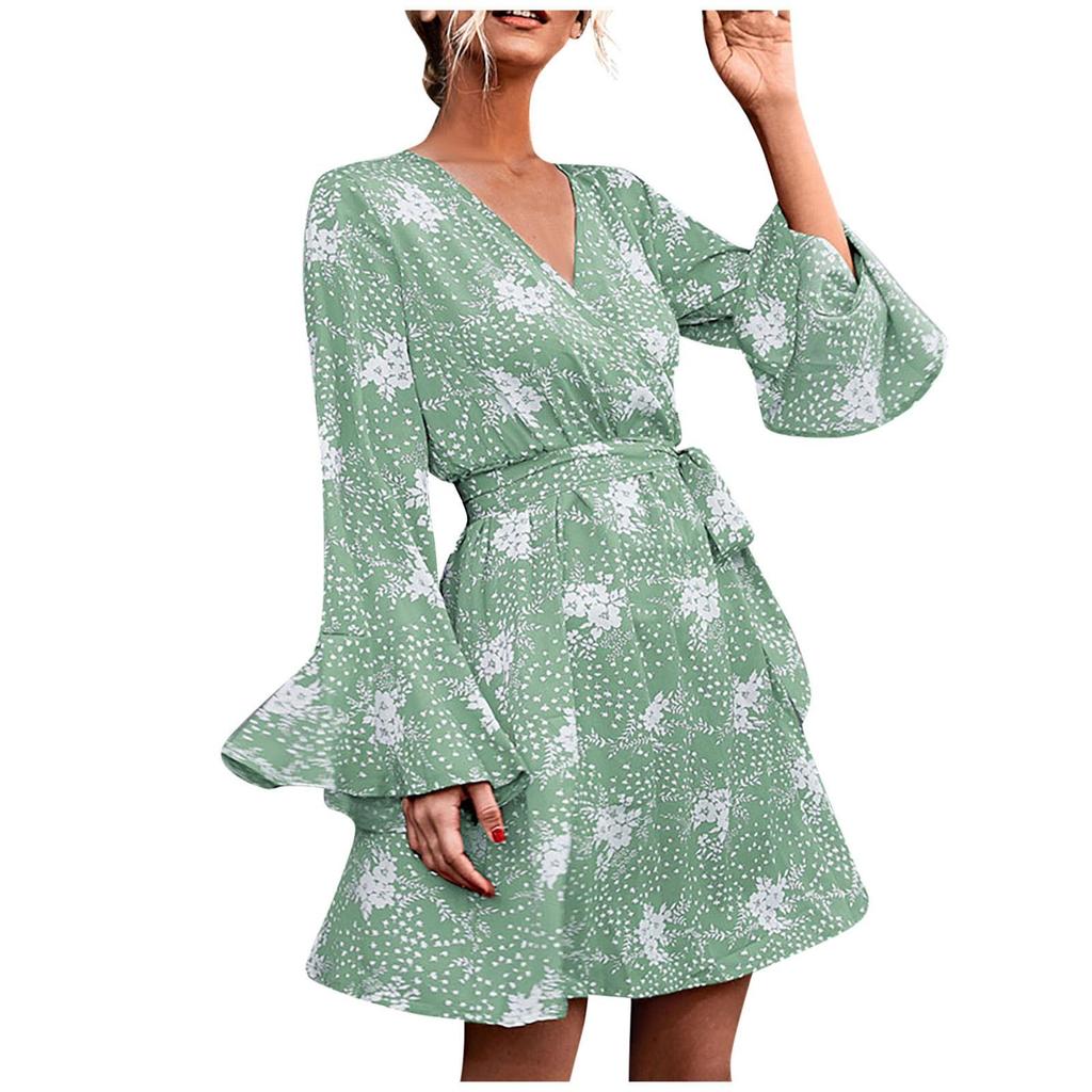 Women's Boho Print Lace-Up V-Neck Long Sleeve Dress