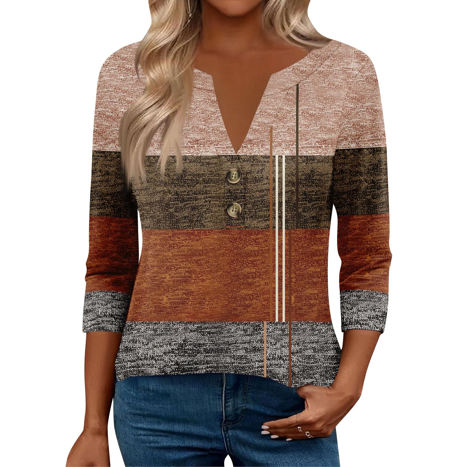 

Жіночі топи з рукавом 3/4 для жінок, топи хенлі на ґудзиках з V-подібним вирізом, ошатні літні жіночі топи вільного крою XXL кавовий