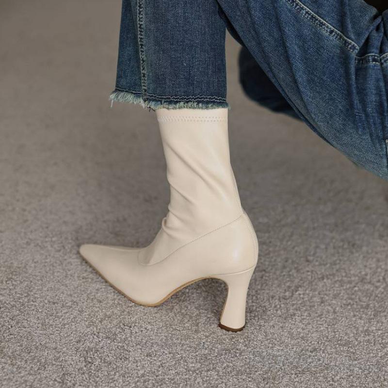 Autumn and winter stretch Martin boots solid color suede super high heel women's leather boots new round head versatile stiletto mid boots