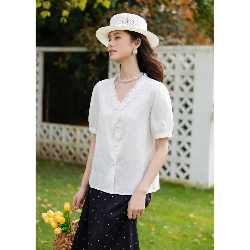 French Sweet Puff Sleeve V-neck Lace Top L белый