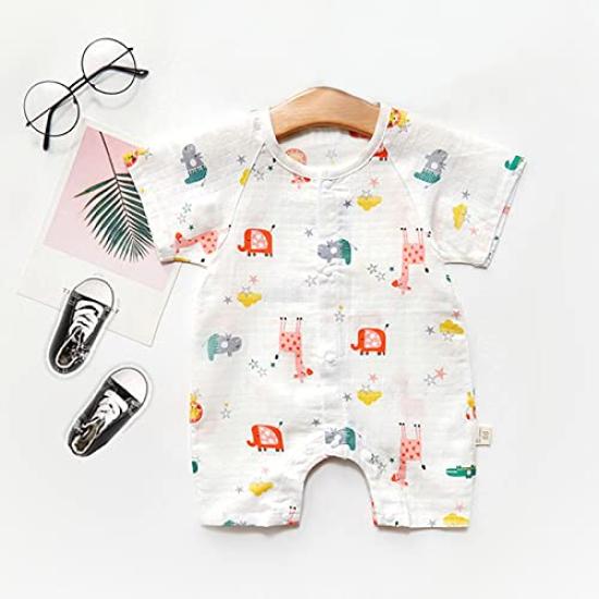 Baby Clothes Romper Short Sleeve Summer Front Open Gauze Coveralls Boys Girls Baby Gift Giraffe Pattern 73cm