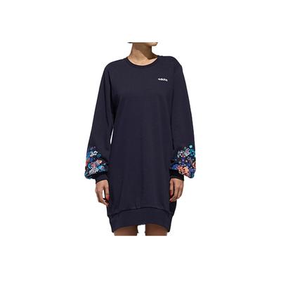 Neo-Blumenmuster Sportliches Rundhalskleid Damenkleider Marineblau DW7760