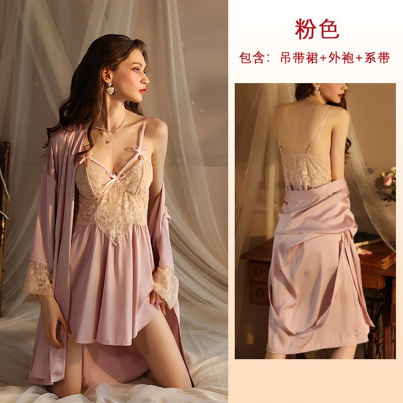 

Сексуальная французская кружевная ночная рубашка с глубоким V-образным вырезом и бантом из чистого желания, комплект из атласа премиум-класса с открытой спиной и подвязками для чулок L