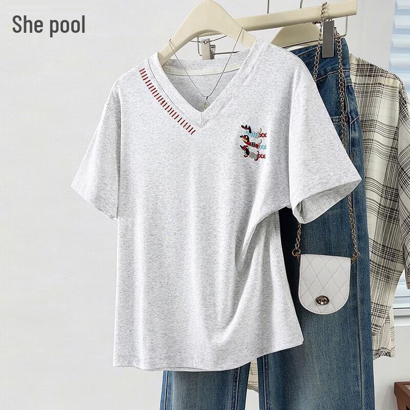 Women s American Retro Embroidered V-Neck T-Shirt S