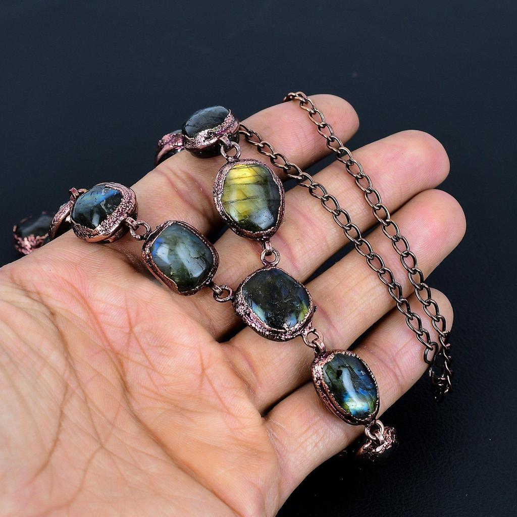 Labradorite  Handmade Gemstone Necklace, Copper Electroformed Necklace Antique Jewelry, Adjustable Chain Necklace Engagement Gift