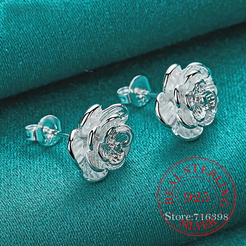 925 Silver Rose Flower Stud Earrings For Woman Girls Kids Fashion Wedding Engagement Part Jewelry Gift