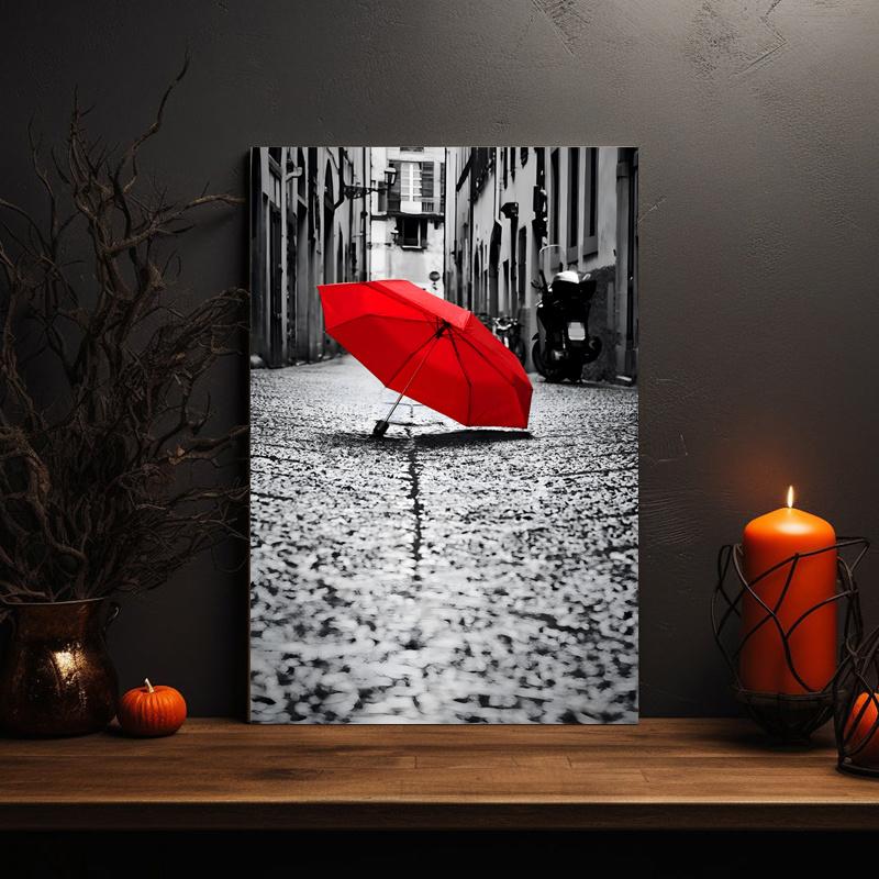 Framed - Red Umbrella Street Printed Canvas Art Poster - Modern City Scene Canvas Poster Decorative Wall - Including Hanging Hardware