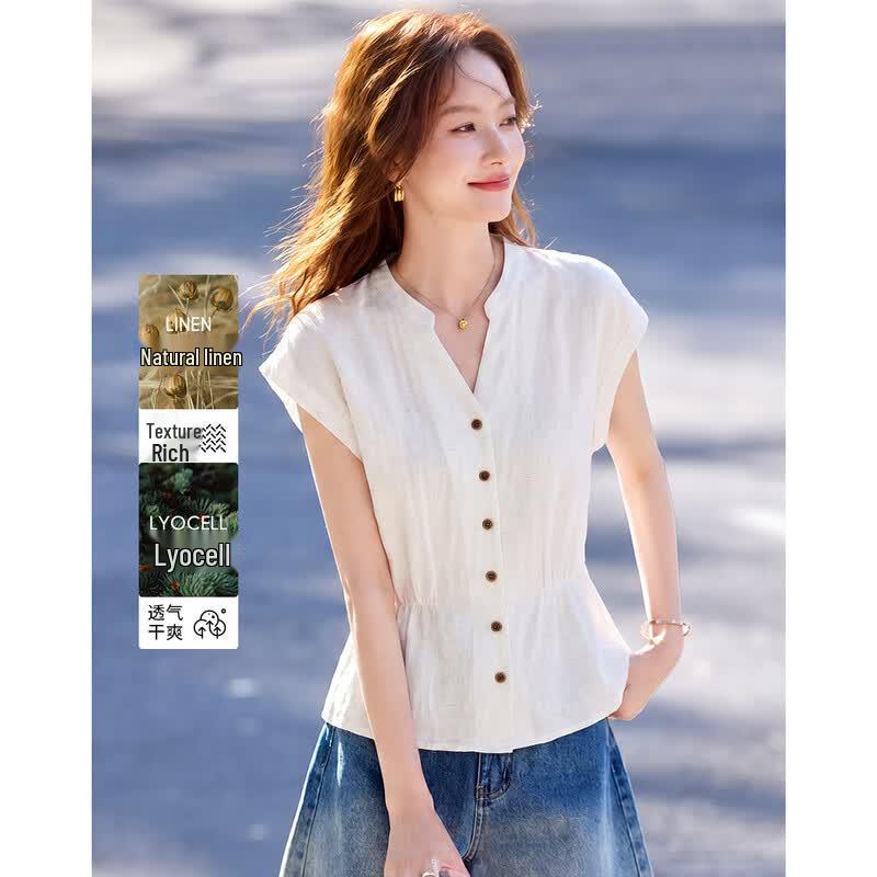 Women s Linen Lyocell Blend Pleated V-Neck Shirt 2XL