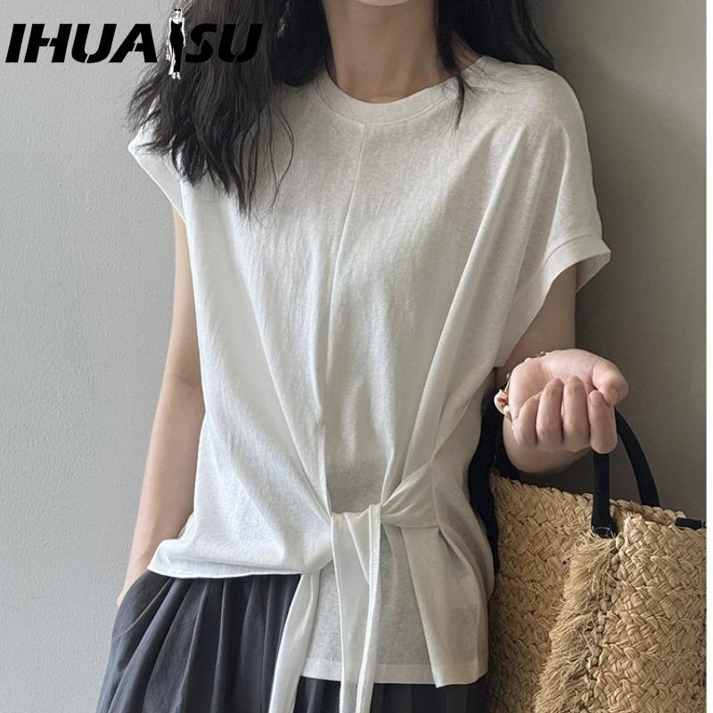

IHUASU Женские модные повседневные однотонные блузки и рубашки с коротким рукавом и круглым вырезом с принтом one size белый