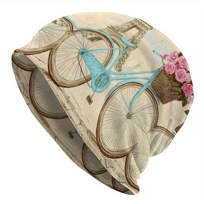 1pc Bohemian Paris-Themed Knit Hat with Eiffel Tower & French Bicycle Motif - Lightweight Stretch Beanie, Durable Comfortable Winter Suitable for Chri