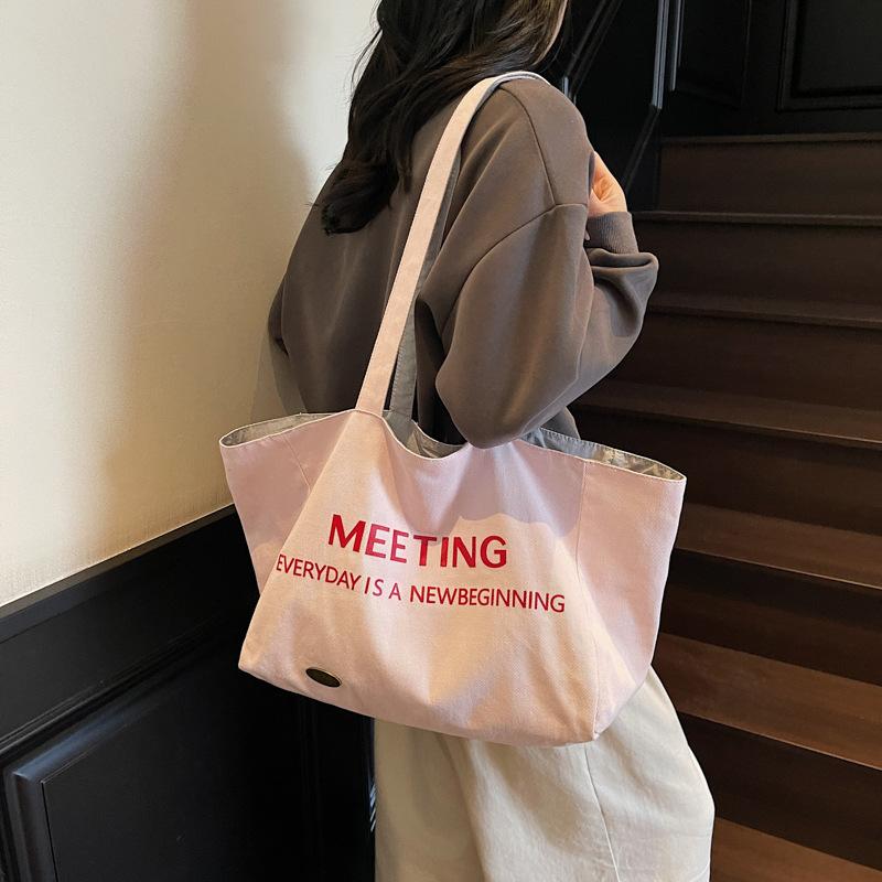 

Double-sided tote cloth bag, simple daily commute, alphabet cloth pocket, large-capacity shoulder backpack. розовый
