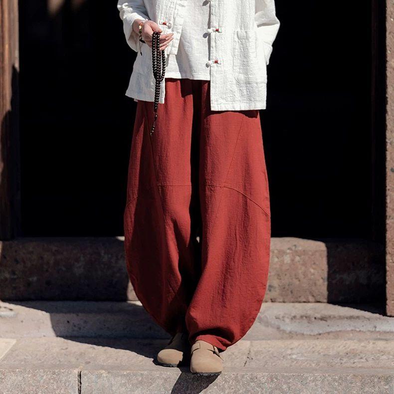Women Vintage Linen Bloomers Pants Solid Color Patchwork Elastic Waist Spring Trouser Loose Pants