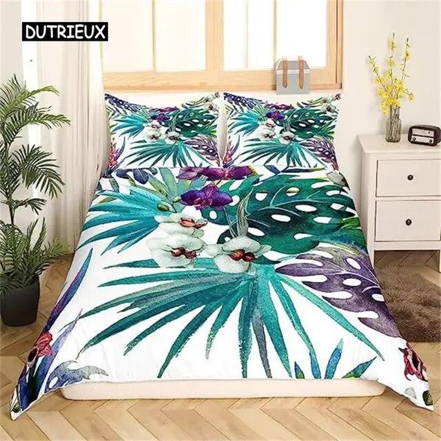 Palm Leaves Duvet Cover Banana Leaves Duvet Cover Hawaiian Tropical Leaves Bedding Set Green Leaves Branches Quilt Cover Women  Three-piece Set