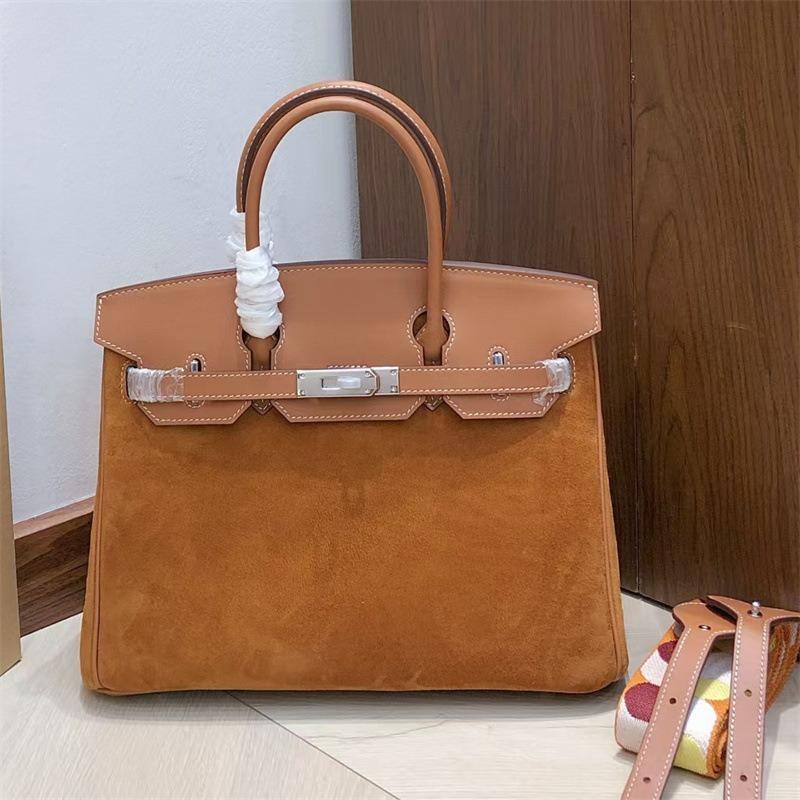 Retro hand-sewn, first layer swift cowhide suede BK25/30cm genuine leather handbag women's bag