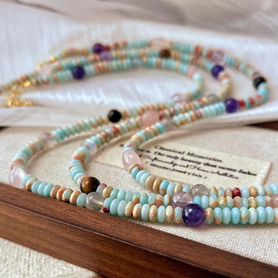 Vintage Color Natural Multi-Gemstone Amethyst Tiger S Eye Powder Crystal Artificial Calcite Collarbone Chain Niche