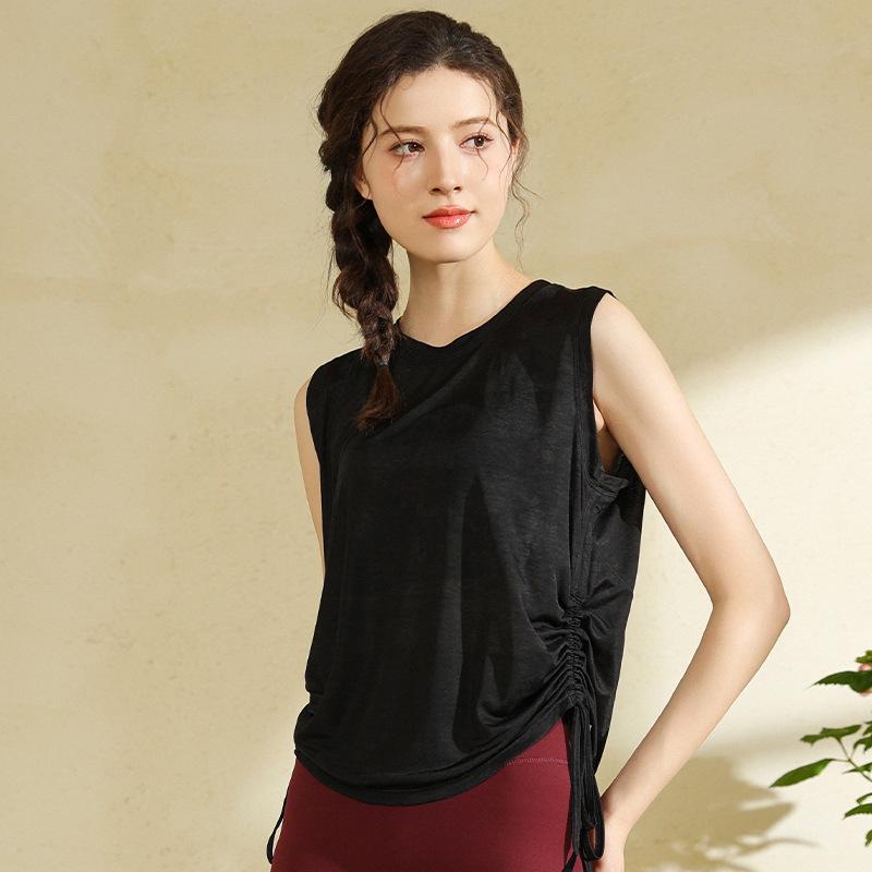 Slub Yarn Summer Breathable Yoga Blouse Women's Loose Round Neck Sleeveless Sports Blouse Hem Drawstring Yoga Blouse